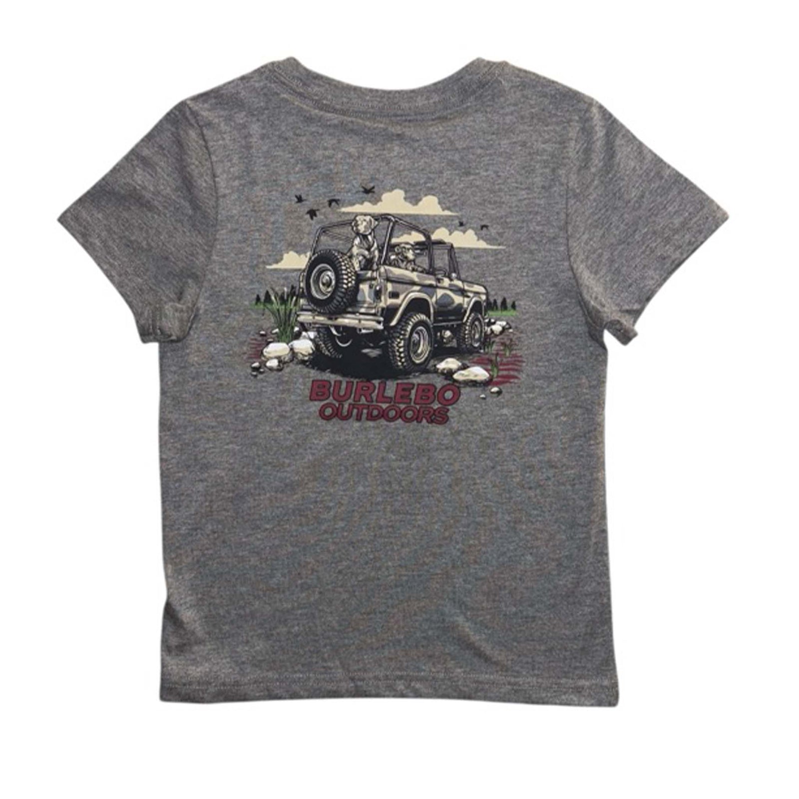 Back view of a youth short sleeve dark heather grey t-shirt featuring a graphic of a dog in an off-road vehicle with “Burlebo Outdoors” text below.