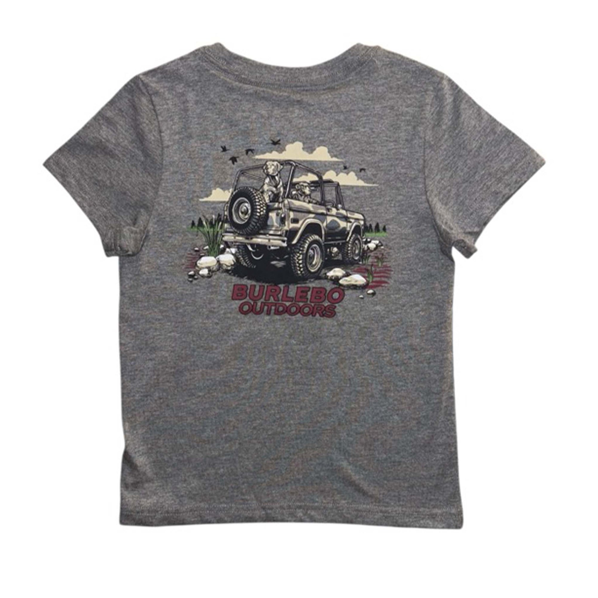 Back view of a youth short sleeve dark heather grey t-shirt featuring a graphic of a dog in an off-road vehicle with “Burlebo Outdoors” text below.