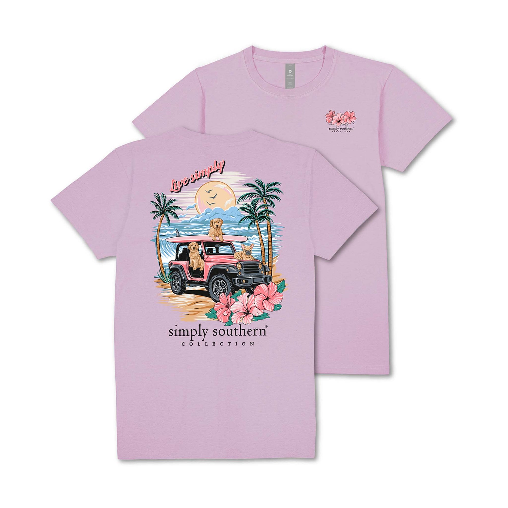 Lilac short sleeve tee with graphic of dogs in a pink Jeep on the beach, palm trees, hibiscus flowers, and a golden sunset with “Live Simply” text.