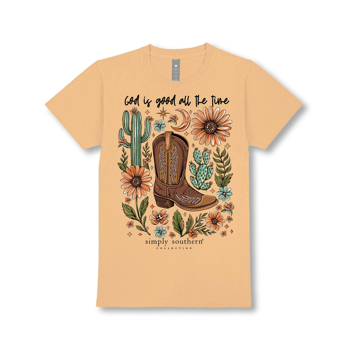 Bisque youth Simply Southern tee with a cowboy boot graphic surrounded by cacti and florals, and the phrase ‘God is good all the time’ written above.