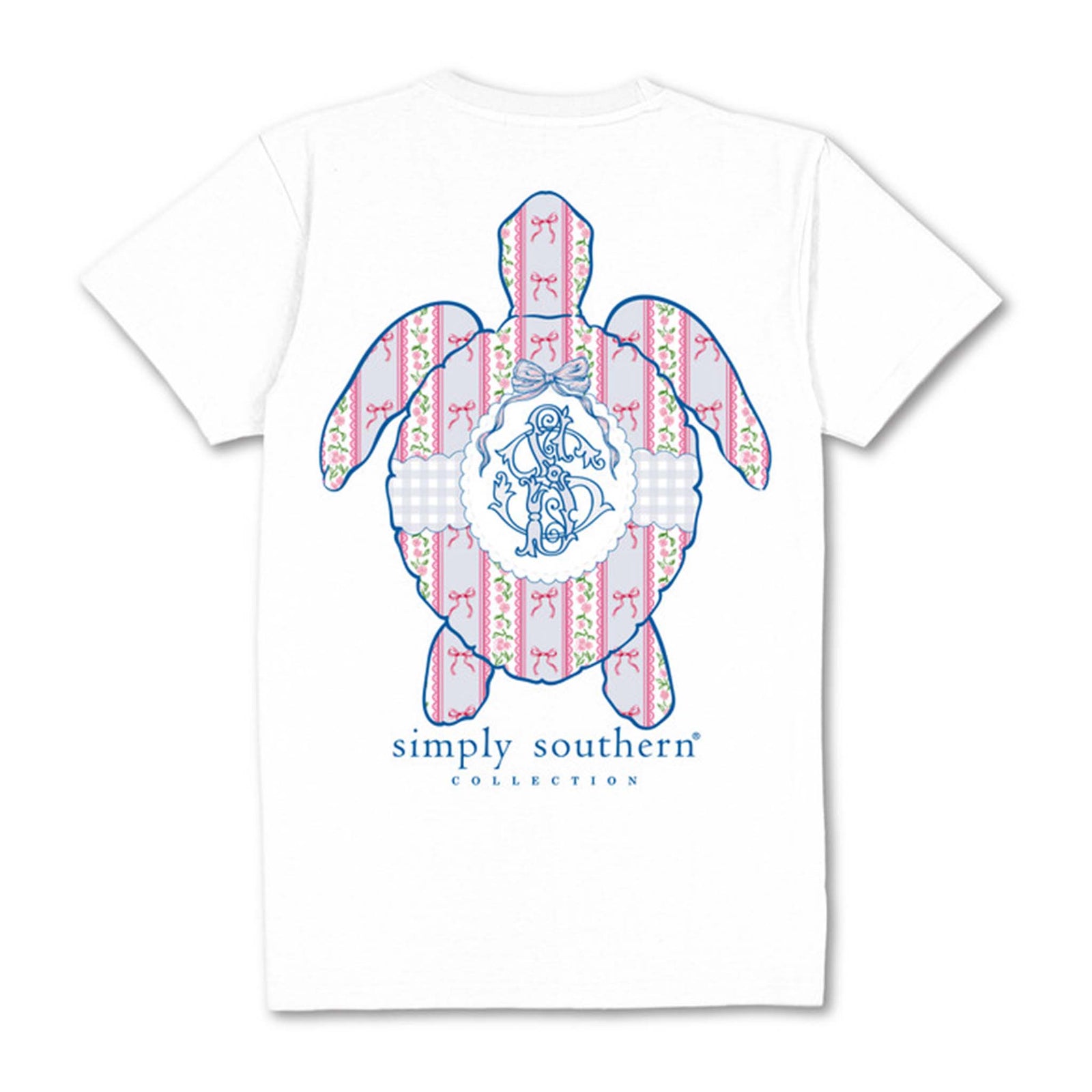 Simply Southern Youth Coquette Turtle Tee in white, 100% cotton. Features a large sea turtle on back with preppy pink, green, and blue patterns, a bow, and monogram detail. Available in youth sizes S–L.