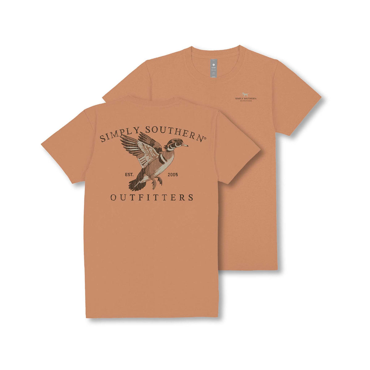 Light brown Simply Southern short sleeve t-shirt with a wood duck graphic and “Simply Southern Outfitters Est. 2005” text on the back, small matching chest logo on the front.