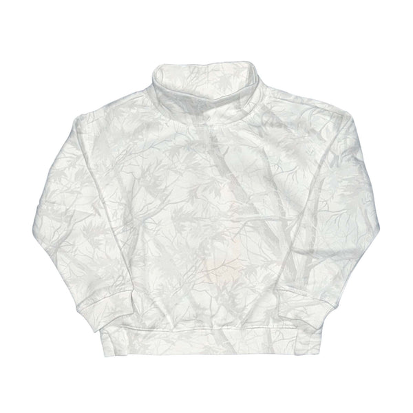 Youth White woodland camo patterned mockneck sweatshirt on a white background
