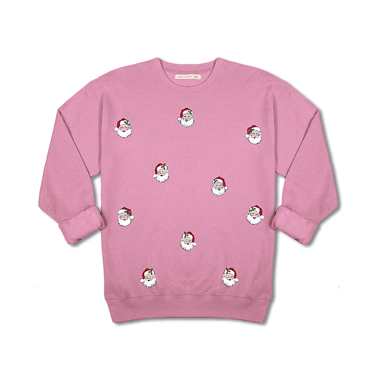 Youth Bubblegum pink Simply Southern crewneck sweatshirt with scattered Santa face graphics.