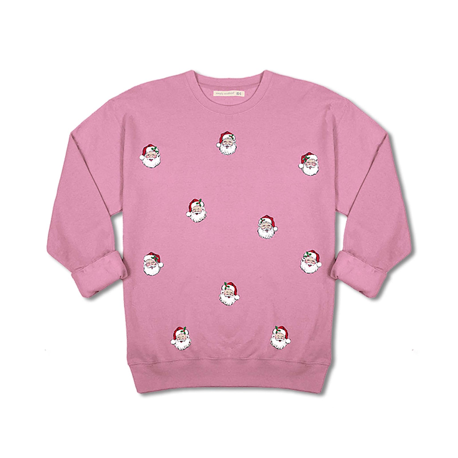 Youth Bubblegum pink Simply Southern crewneck sweatshirt with scattered Santa face graphics.