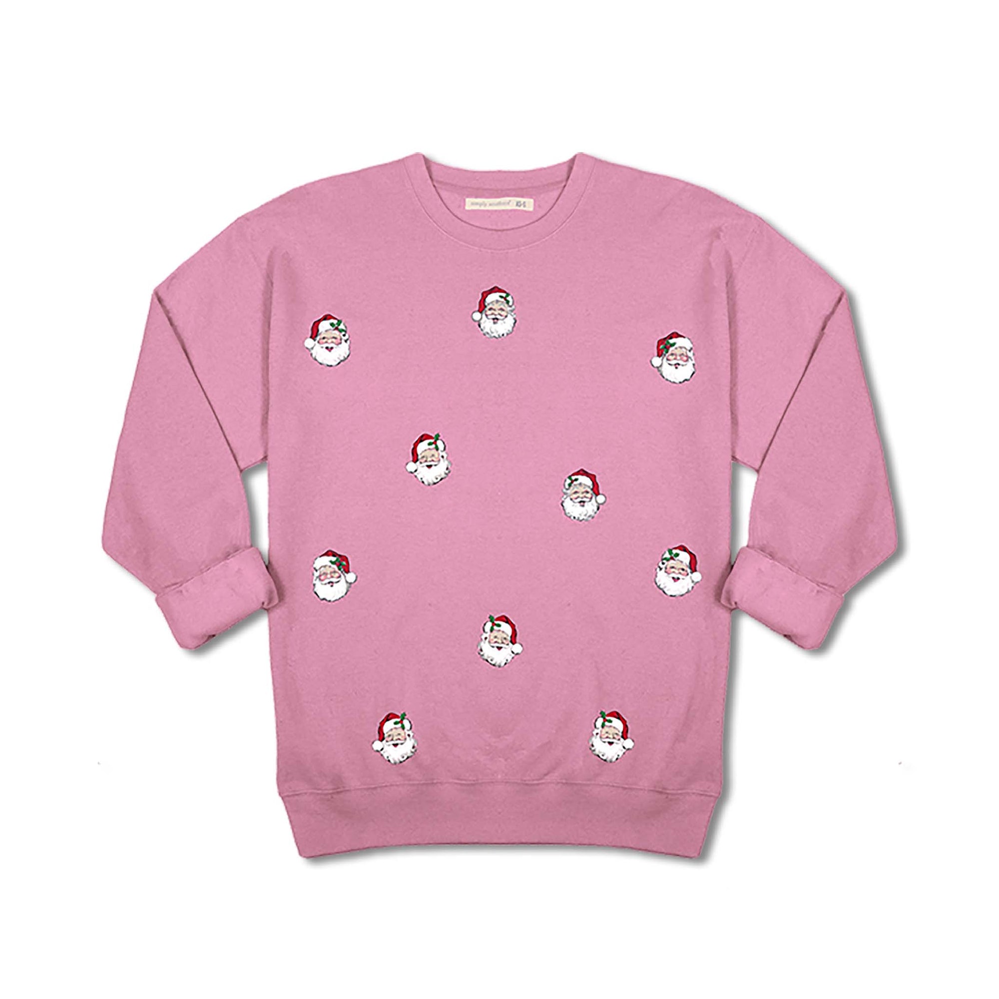 Youth Bubblegum pink Simply Southern crewneck sweatshirt with scattered Santa face graphics.