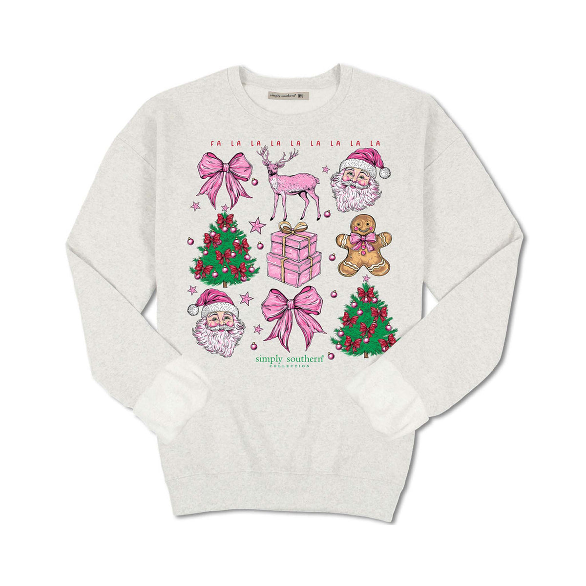 Simply Southern Youth Christmas crewneck sweatshirt in flurry grey with festive icons including Santa, pink bows, reindeer, gifts, and Christmas trees.