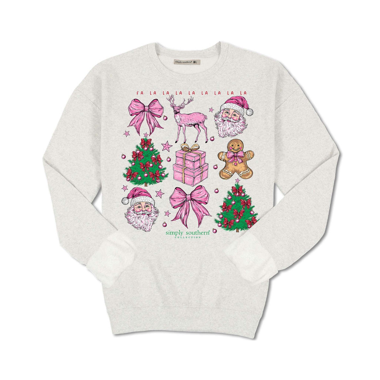 Simply Southern Youth Christmas crewneck sweatshirt in flurry grey with festive icons including Santa, pink bows, reindeer, gifts, and Christmas trees.
