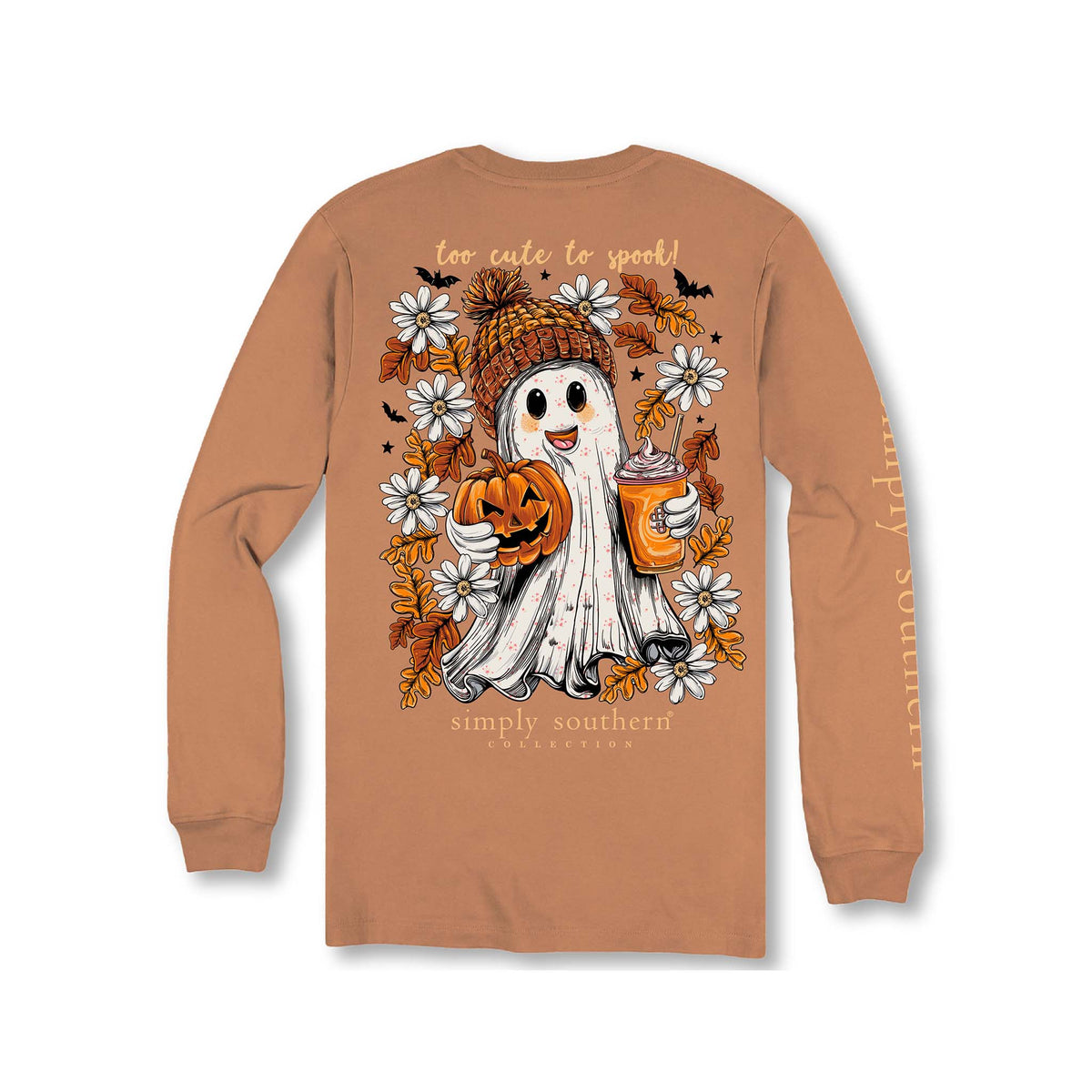 Youth chestnut long sleeve tee with Simply Southern 'Too Cute to Spook' ghost graphic holding pumpkin and drink, framed by leaves, daisies, and bats.