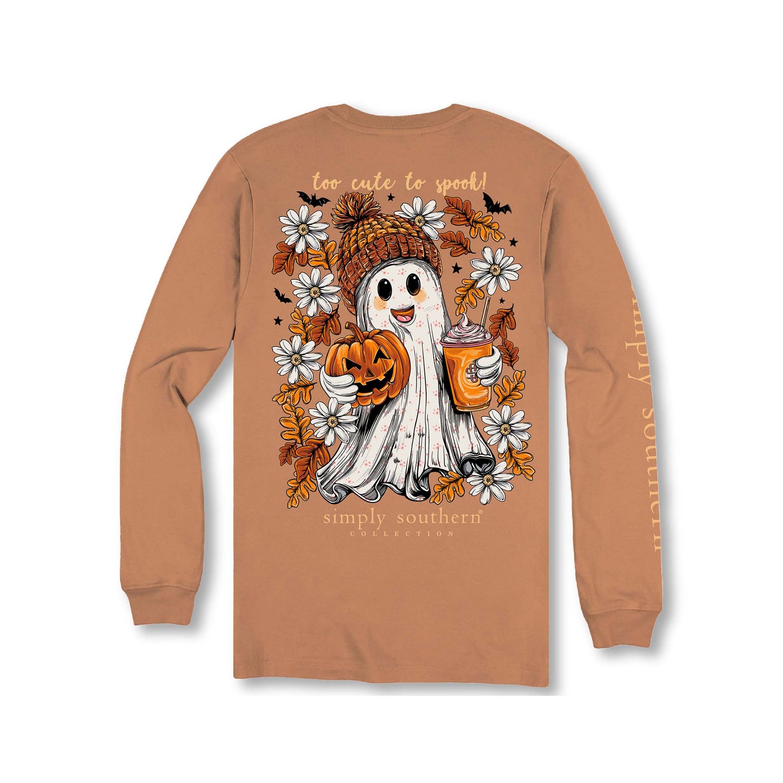 Youth chestnut long sleeve tee with Simply Southern 'Too Cute to Spook' ghost graphic holding pumpkin and drink, framed by leaves, daisies, and bats.
