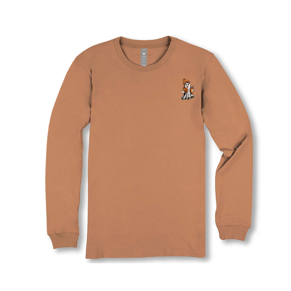 Youth chestnut long sleeve tee with small Simply Southern ghost graphic holding pumpkin and drink on front chest.