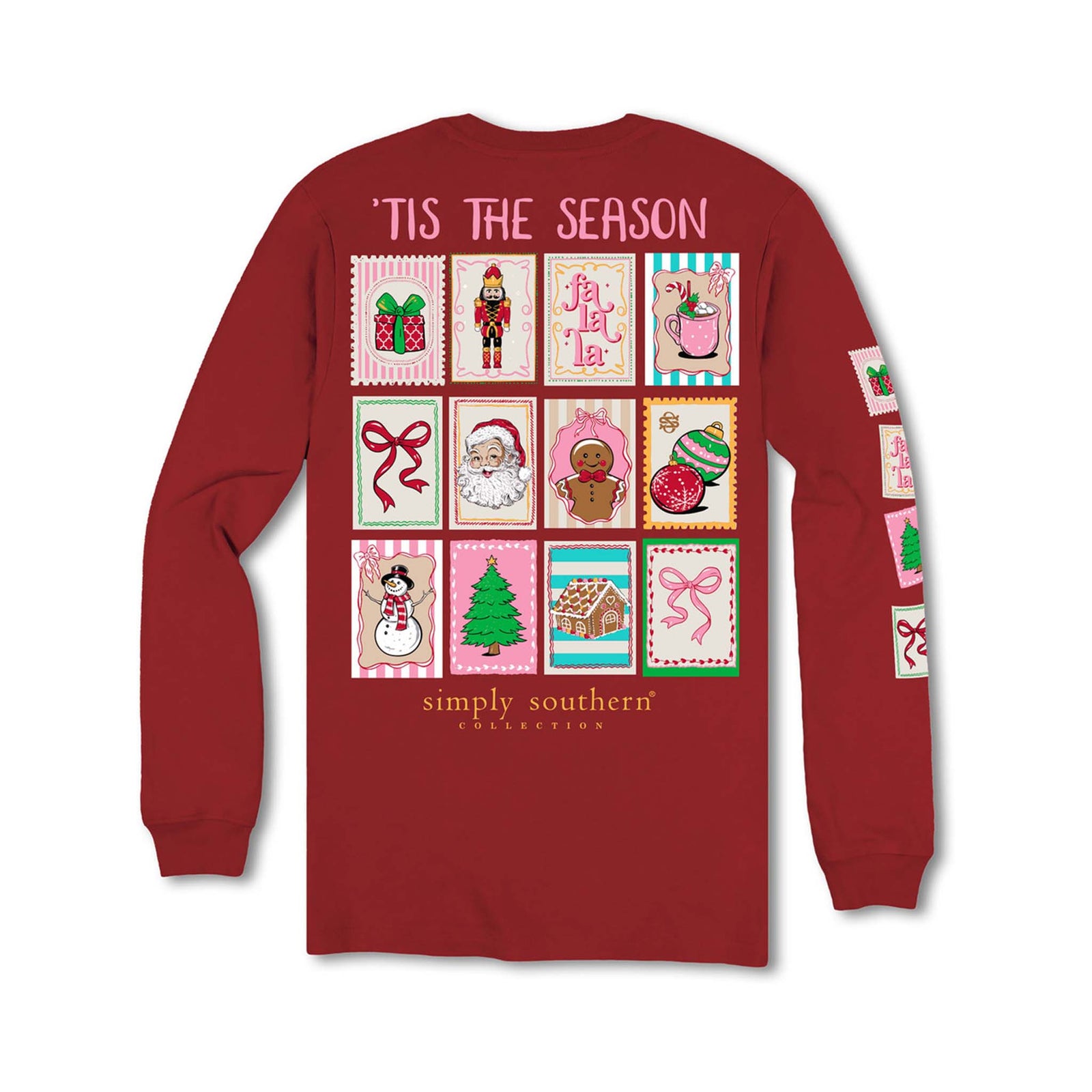 Youth Simply Southern red long sleeve t-shirt with “’Tis the Season” and a collage of Christmas stamp icons including Santa, trees, gifts, and bows.