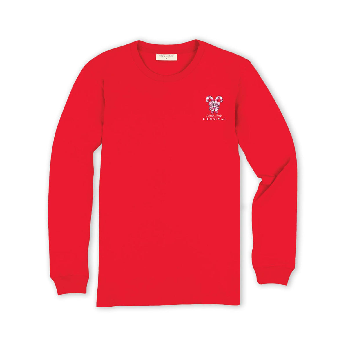 Youth Simply Southern red long sleeve t-shirt with a candy cane bow and “Merry Christmas” text on the front chest.