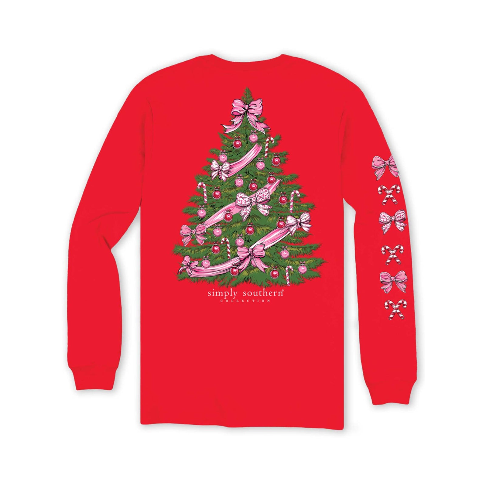Youth Simply Southern red long sleeve t-shirt with a large Christmas tree graphic decorated with pink bows, ornaments, and candy canes.
