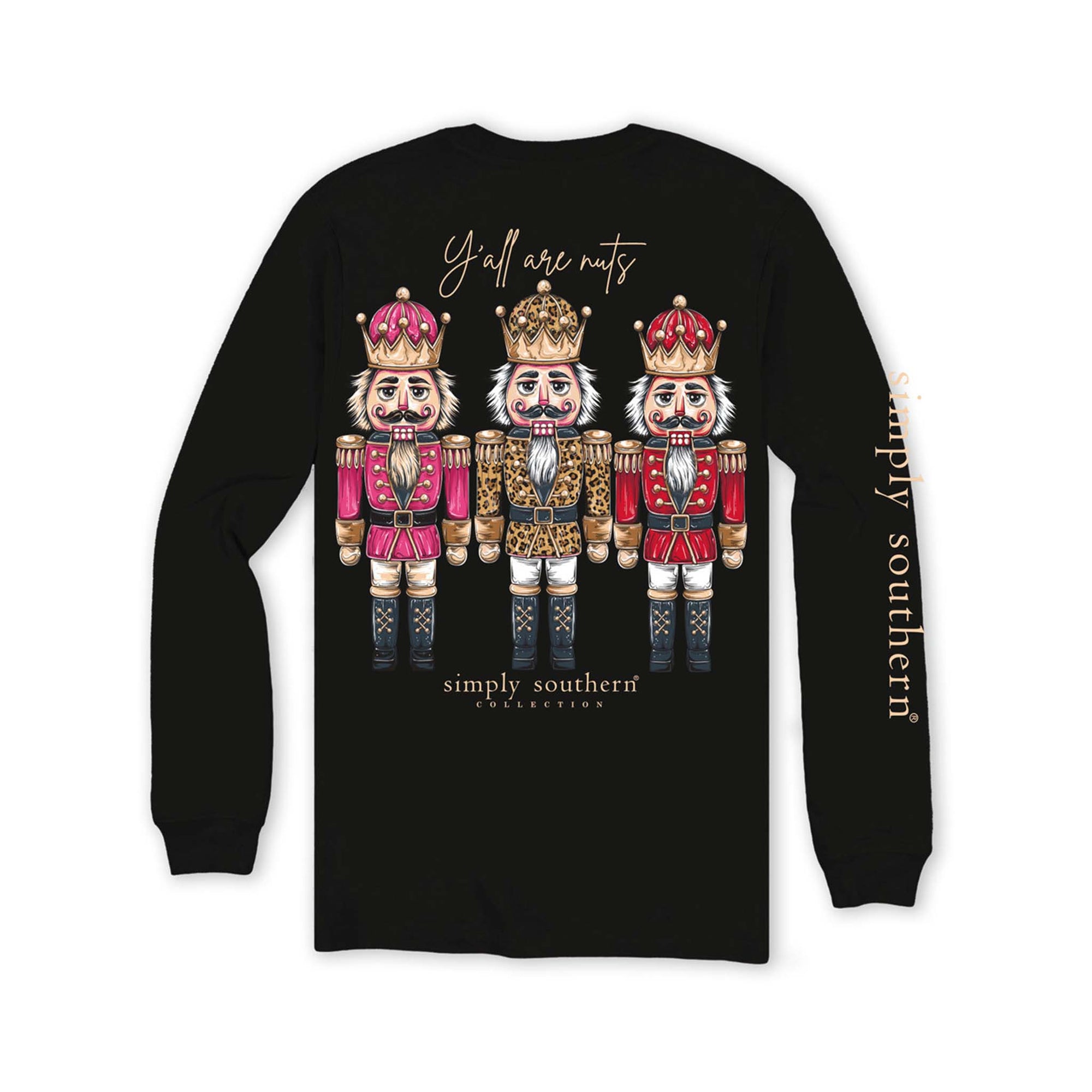 Youth Simply Southern black long sleeve t-shirt with three festive nutcrackers and “Y’all Are Nuts” text above.
