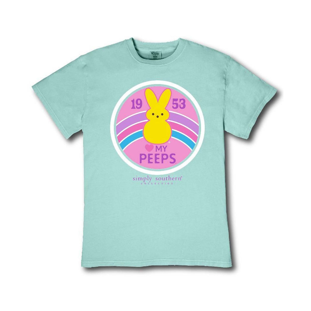 Simply Southern youth mint green t-shirt with yellow Peeps bunny graphic, rainbow design, and “My Peeps” text on front.