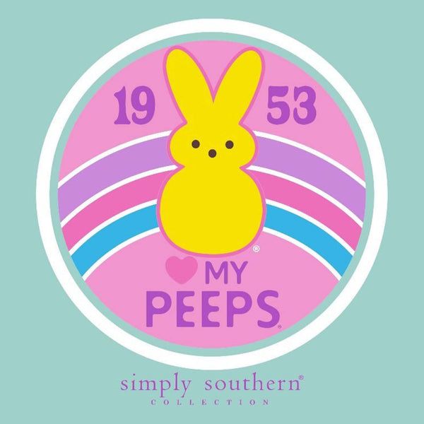 close up of Simply Southern youth mint green t-shirt with yellow Peeps bunny graphic, rainbow design, and “My Peeps” text on front.