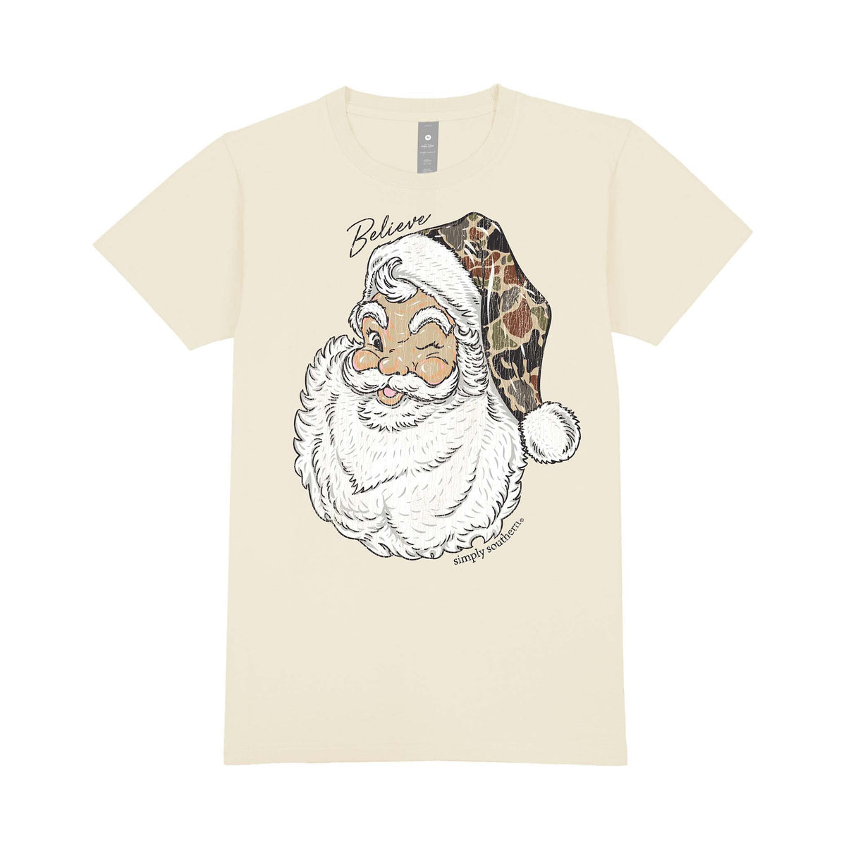 Beige youth Simply Southern tee with a vintage winking Santa graphic wearing a camo hat and the word ‘Believe’ written above.