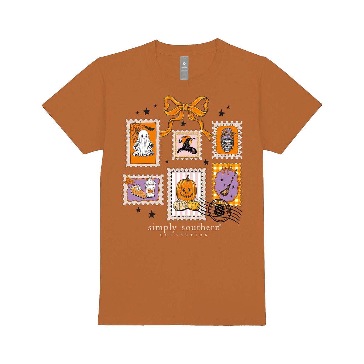 Youth caramel short sleeve Simply Southern tee with Halloween postage stamp graphic featuring ghost, pumpkin, witch hat, drink, and candy illustrations.