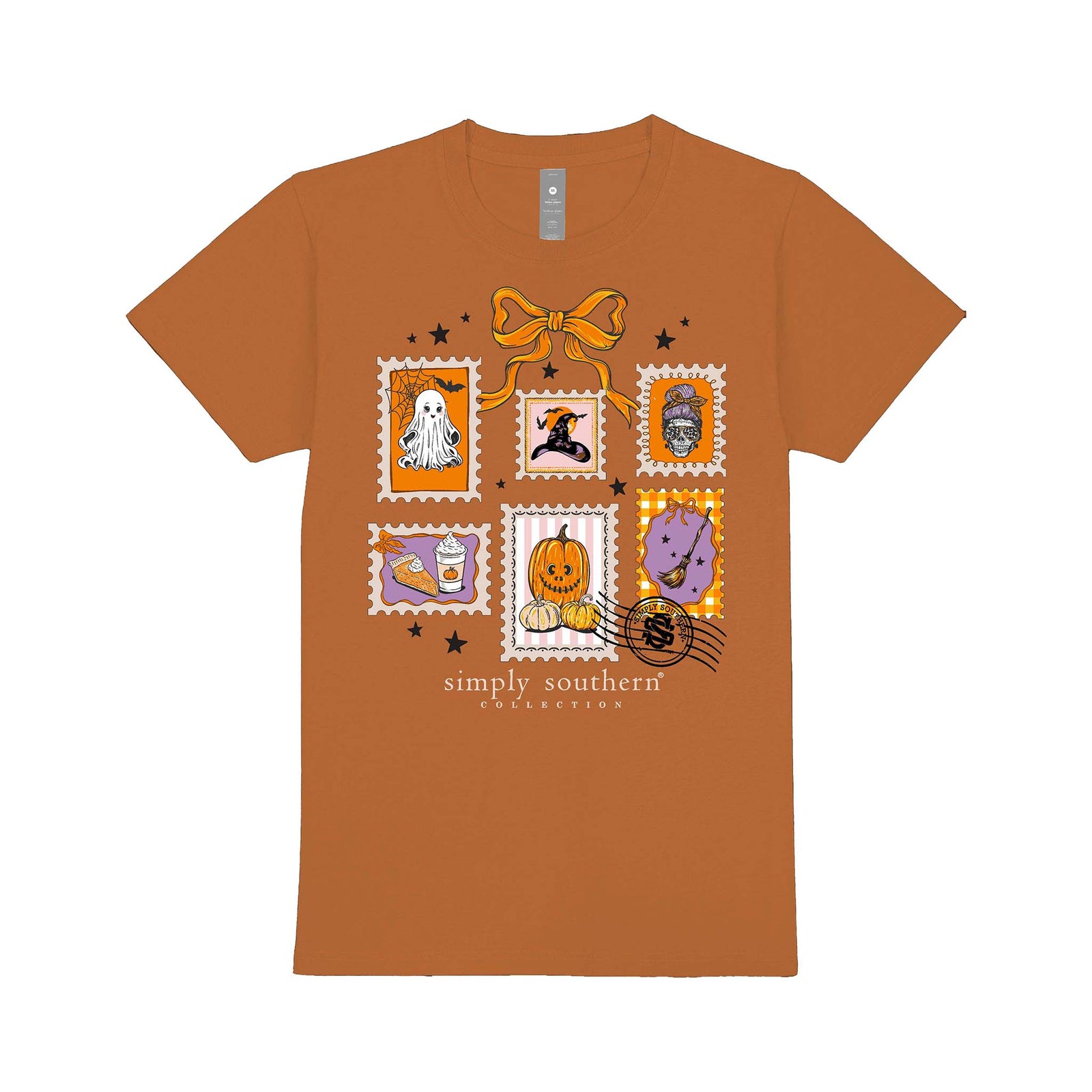 Youth caramel short sleeve Simply Southern tee with Halloween postage stamp graphic featuring ghost, pumpkin, witch hat, drink, and candy illustrations.
