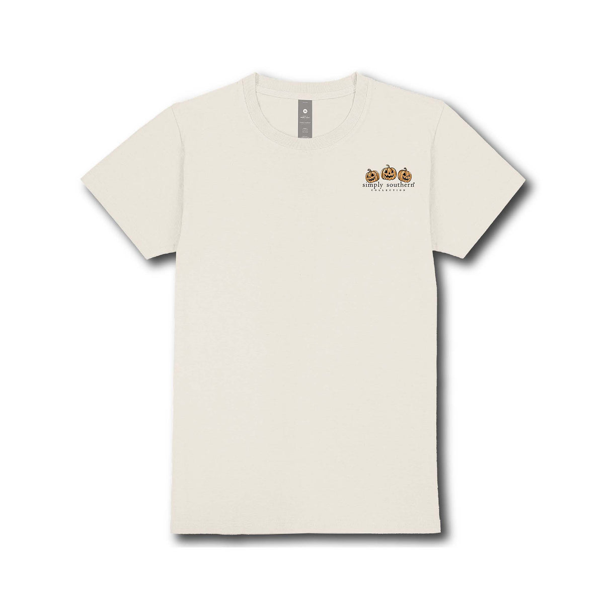 Youth ivory Simply Southern tee with large back graphic of doodle dog in witch hat and sunglasses, surrounded by pumpkins, bats, stars, and 'Sweet & Spooky' text.