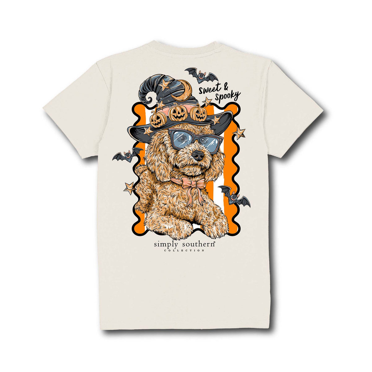 Youth ivory Simply Southern short sleeve tee with small front graphic of three pumpkins and logo text on left chest.