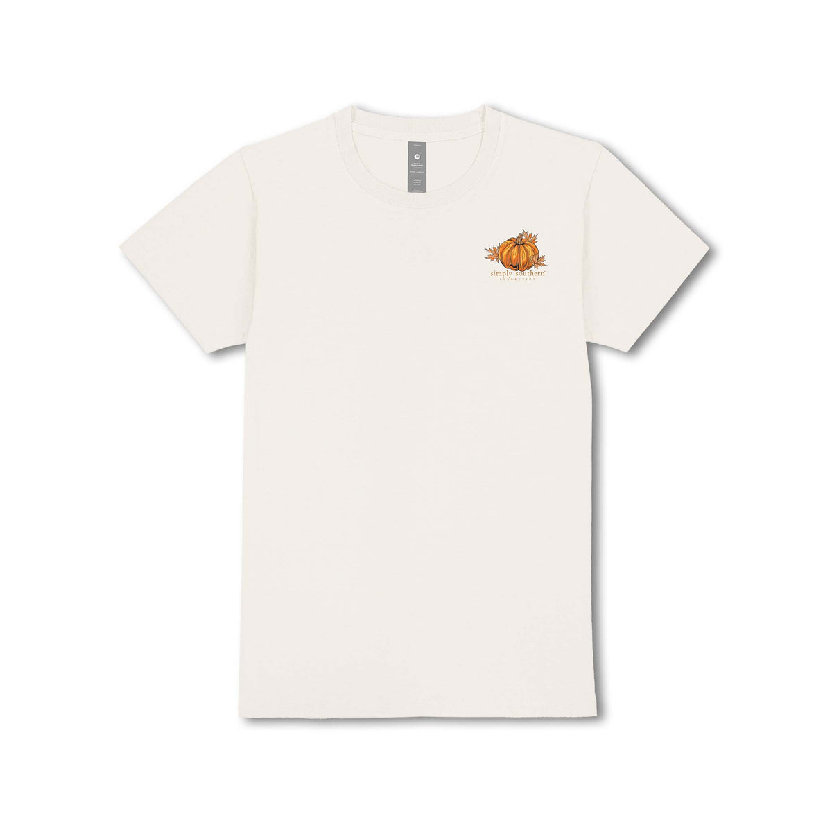 Youth ivory Simply Southern short sleeve tee with small front pumpkin graphic and logo on left chest.