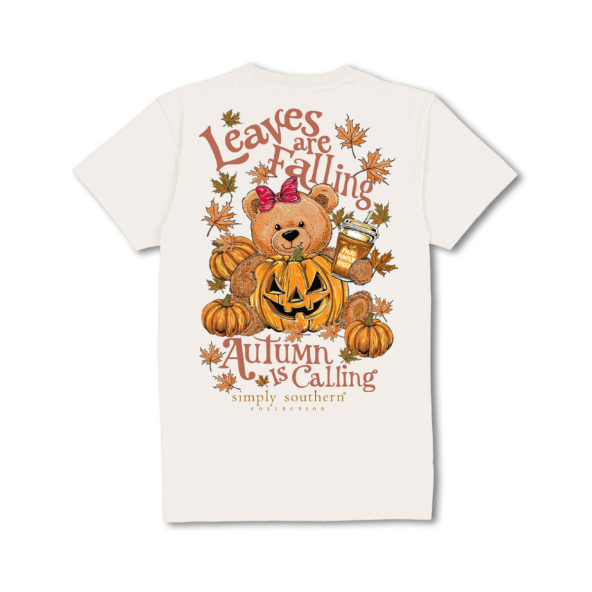 Youth ivory Simply Southern tee with teddy bear in jack-o’-lantern, pumpkins, leaves, and 'Leaves Are Falling, Autumn Is Calling' text.