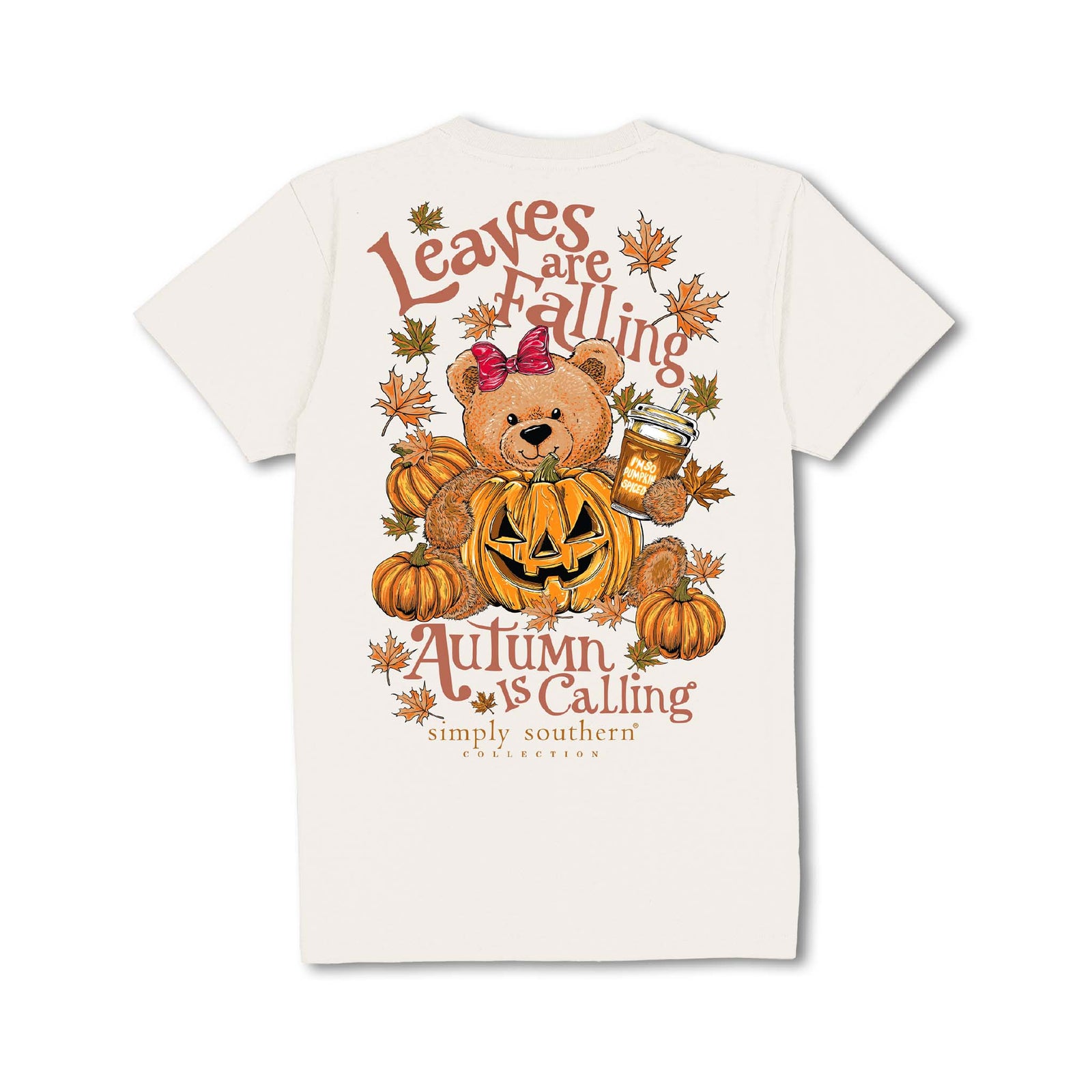 Youth ivory Simply Southern tee with teddy bear in jack-o’-lantern, pumpkins, leaves, and 'Leaves Are Falling, Autumn Is Calling' text.