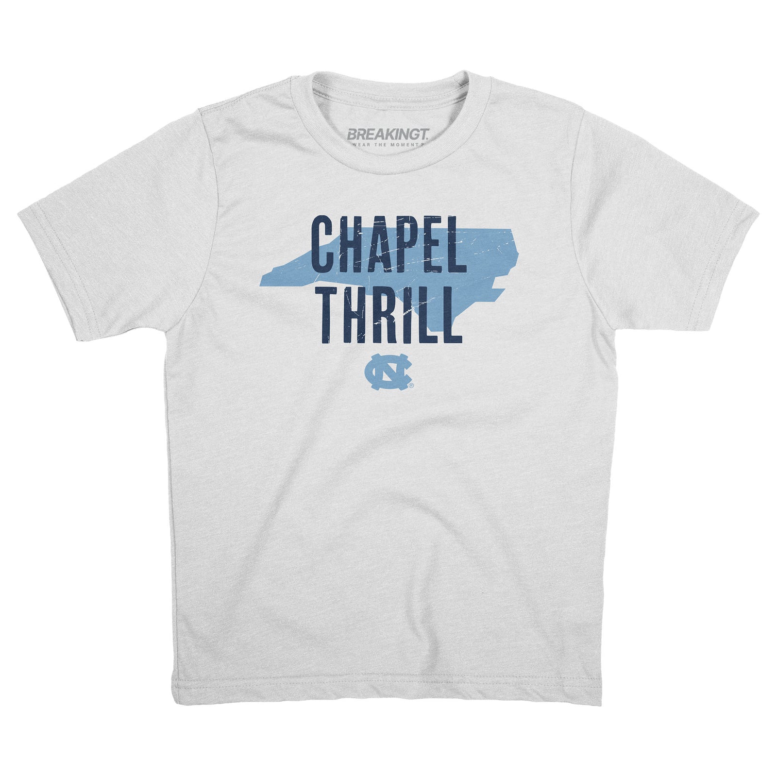 Youth ivory North Carolina Tar Heels t-shirt with light blue state outline graphic and bold navy text reading “Chapel Thrill” above the UNC logo.