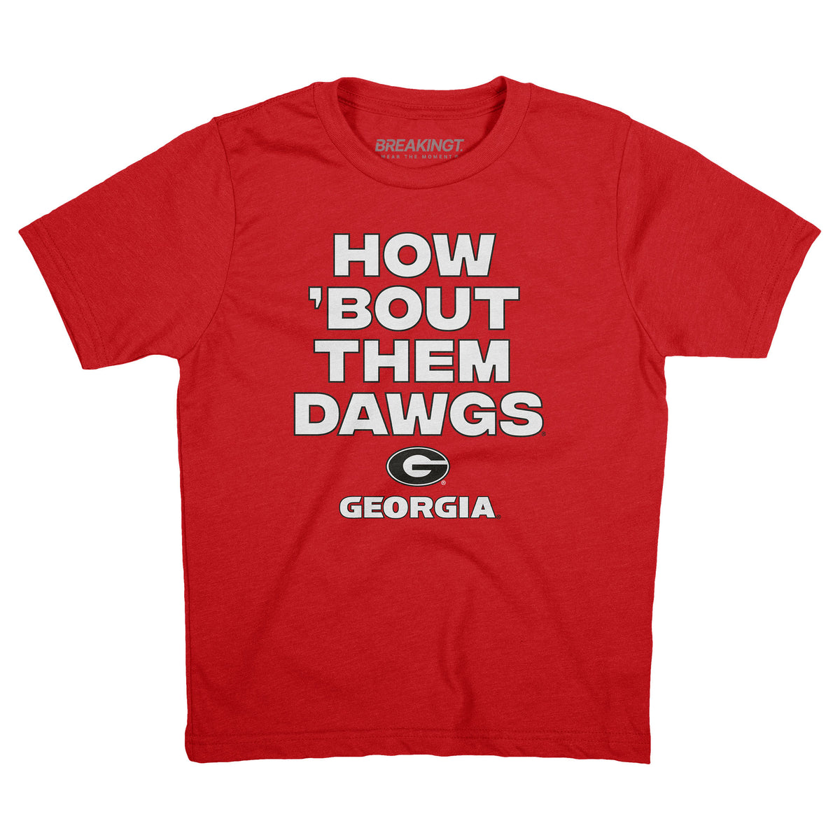 Youth red Georgia Bulldogs t-shirt with bold white text reading “How ’Bout Them Dawgs” above the Georgia “G” logo and “Georgia” lettering.