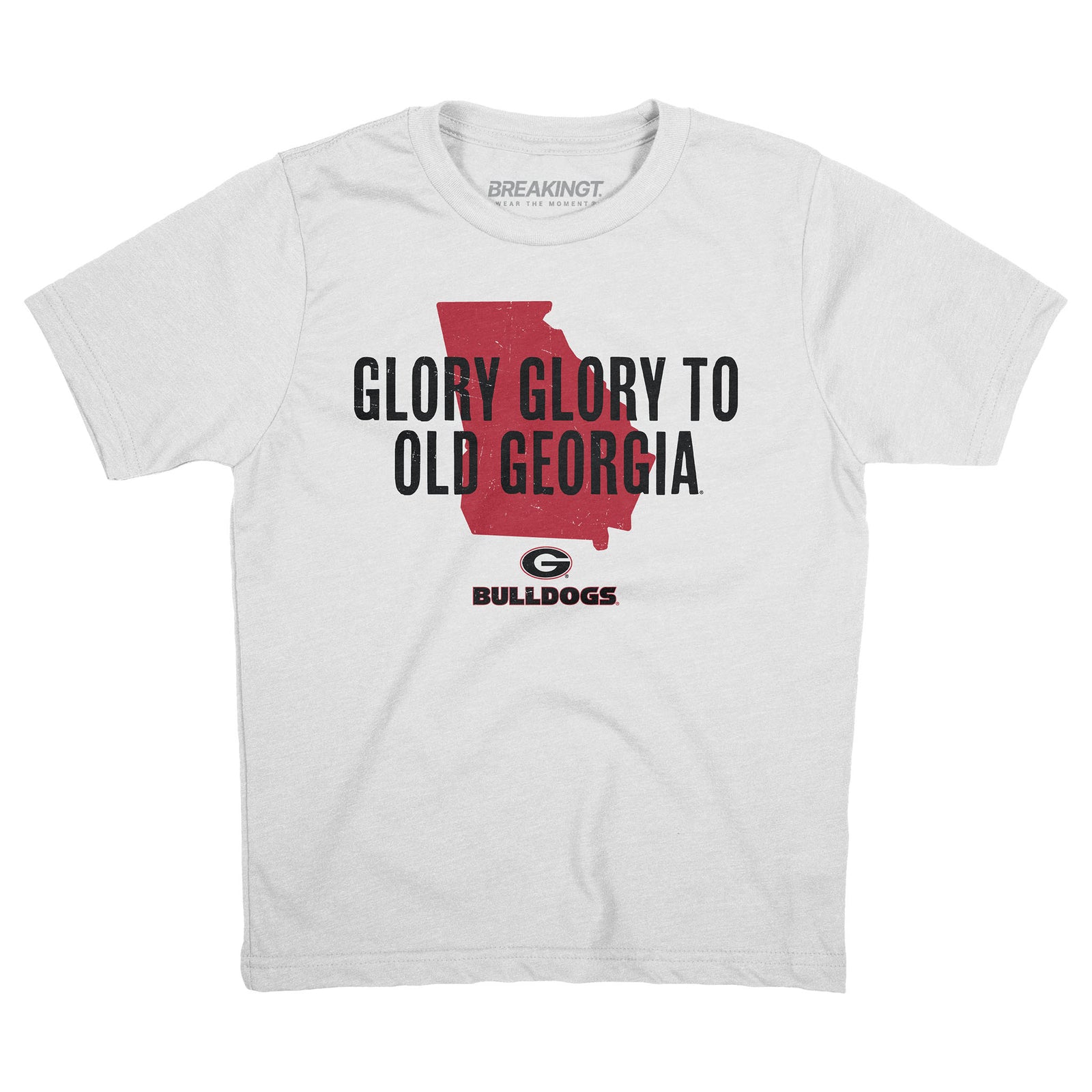 Youth ivory Georgia Bulldogs t-shirt with red state outline graphic and bold black text reading “Glory Glory to Old Georgia” above the Georgia “G” logo and “Bulldogs” lettering.