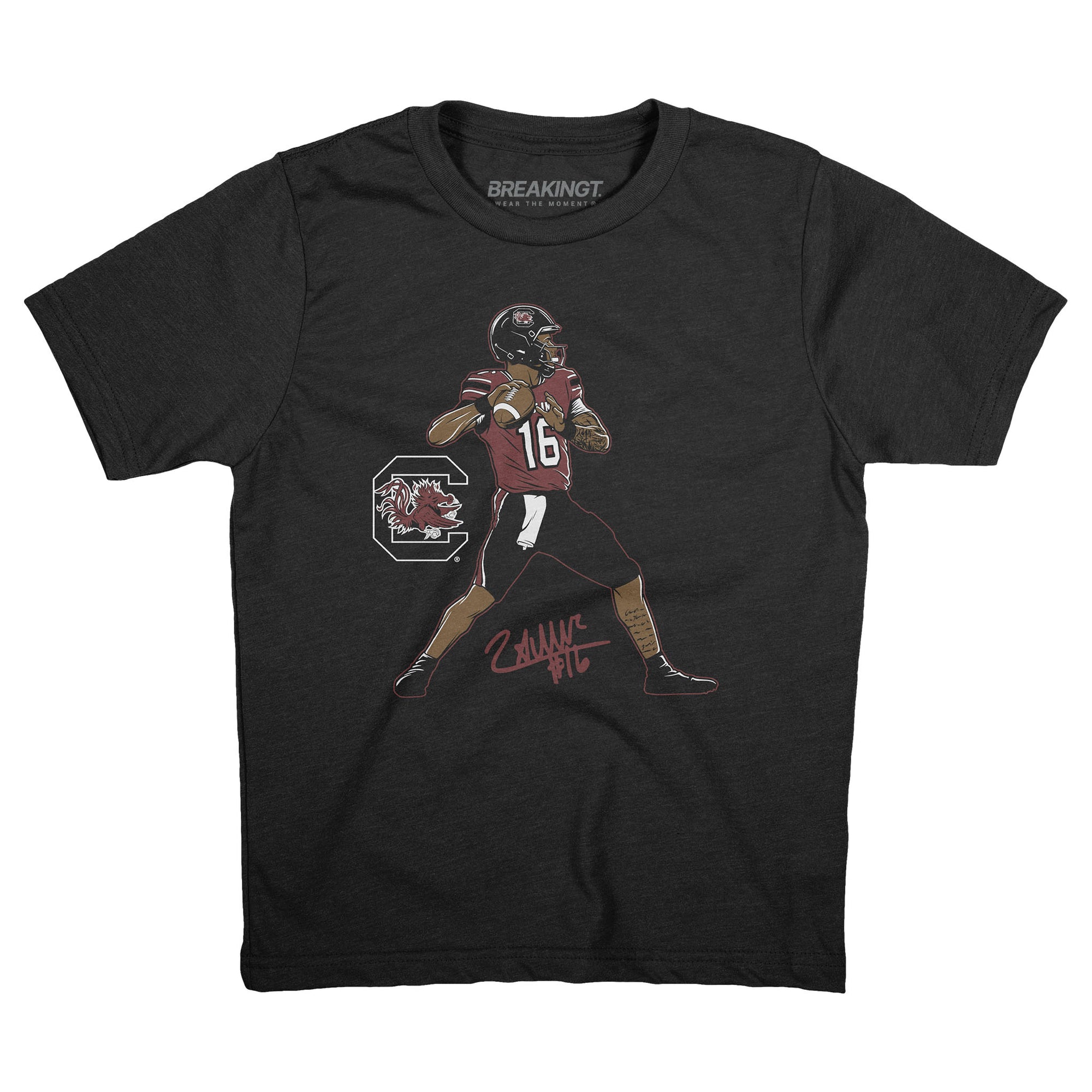 Youth black South Carolina Gamecocks t-shirt with graphic of quarterback in garnet jersey number 16, Gamecocks logo, and player signature in red.