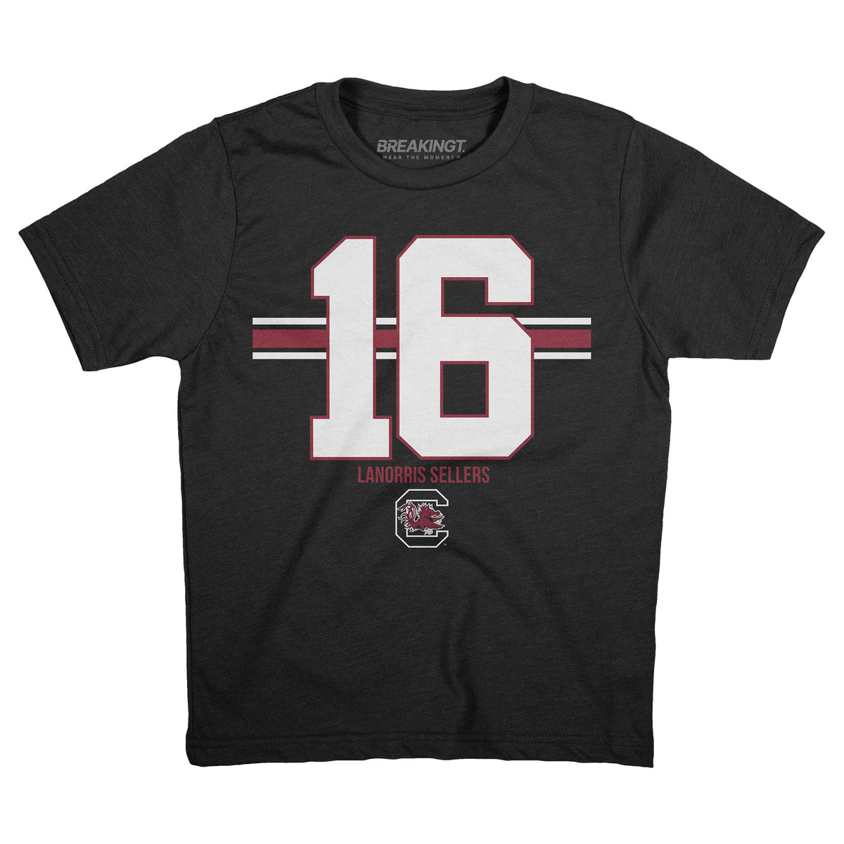 Youth black South Carolina Gamecocks t-shirt with large white number 16 outlined in garnet, “LaNorris Sellers” text, and team logo beneath the number.