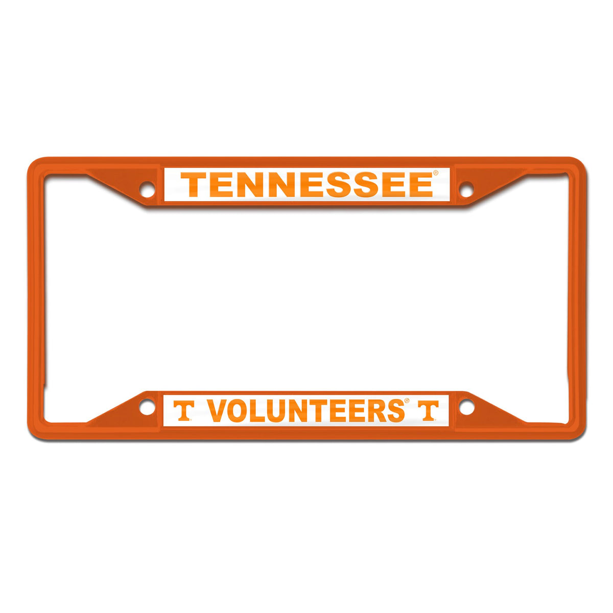 Orange Tennessee Volunteers license plate frame with “Tennessee” at the top and “Volunteers” with T logos at the bottom.