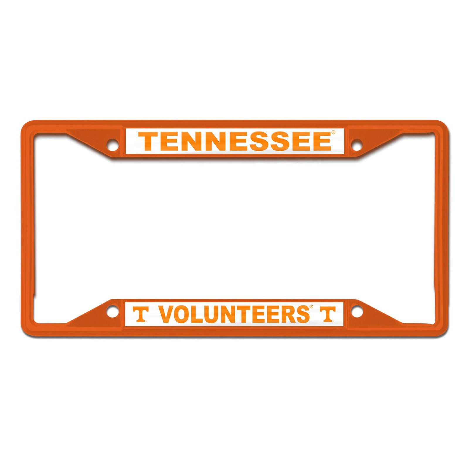 Orange Tennessee Volunteers license plate frame with “Tennessee” at the top and “Volunteers” with T logos at the bottom.