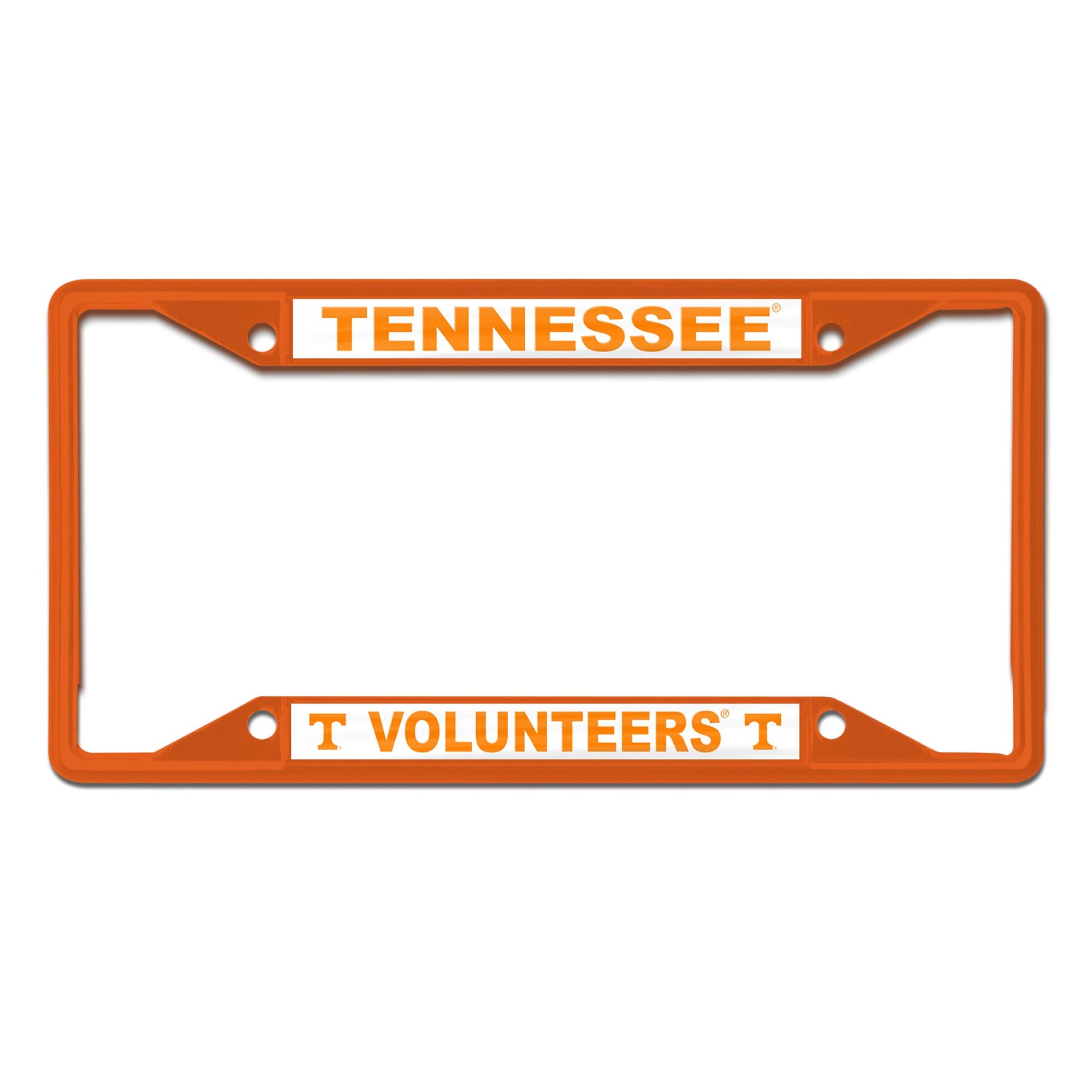 Orange Tennessee Volunteers license plate frame with “Tennessee” at the top and “Volunteers” with T logos at the bottom.