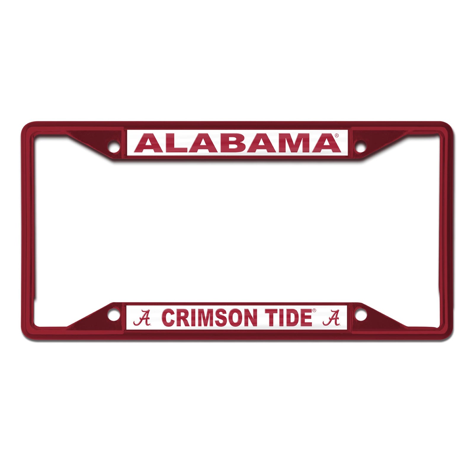 Crimson license plate frame with “Alabama” at the top and “Crimson Tide” with A logos at the bottom.