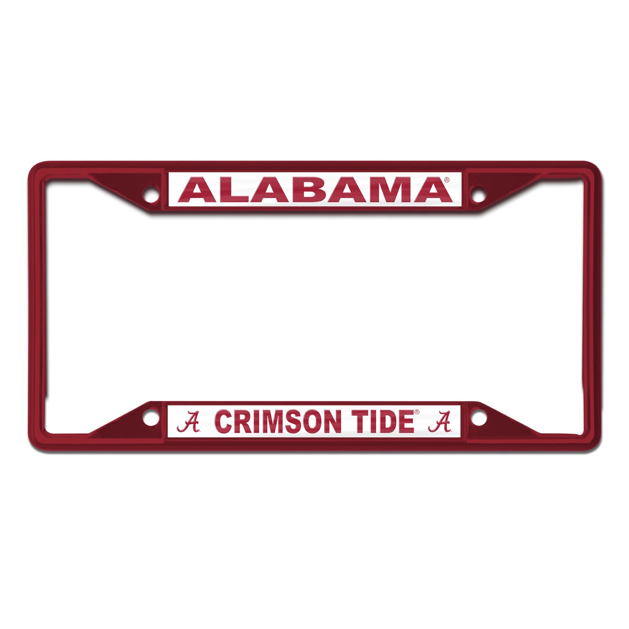 Crimson license plate frame with “Alabama” at the top and “Crimson Tide” with A logos at the bottom.