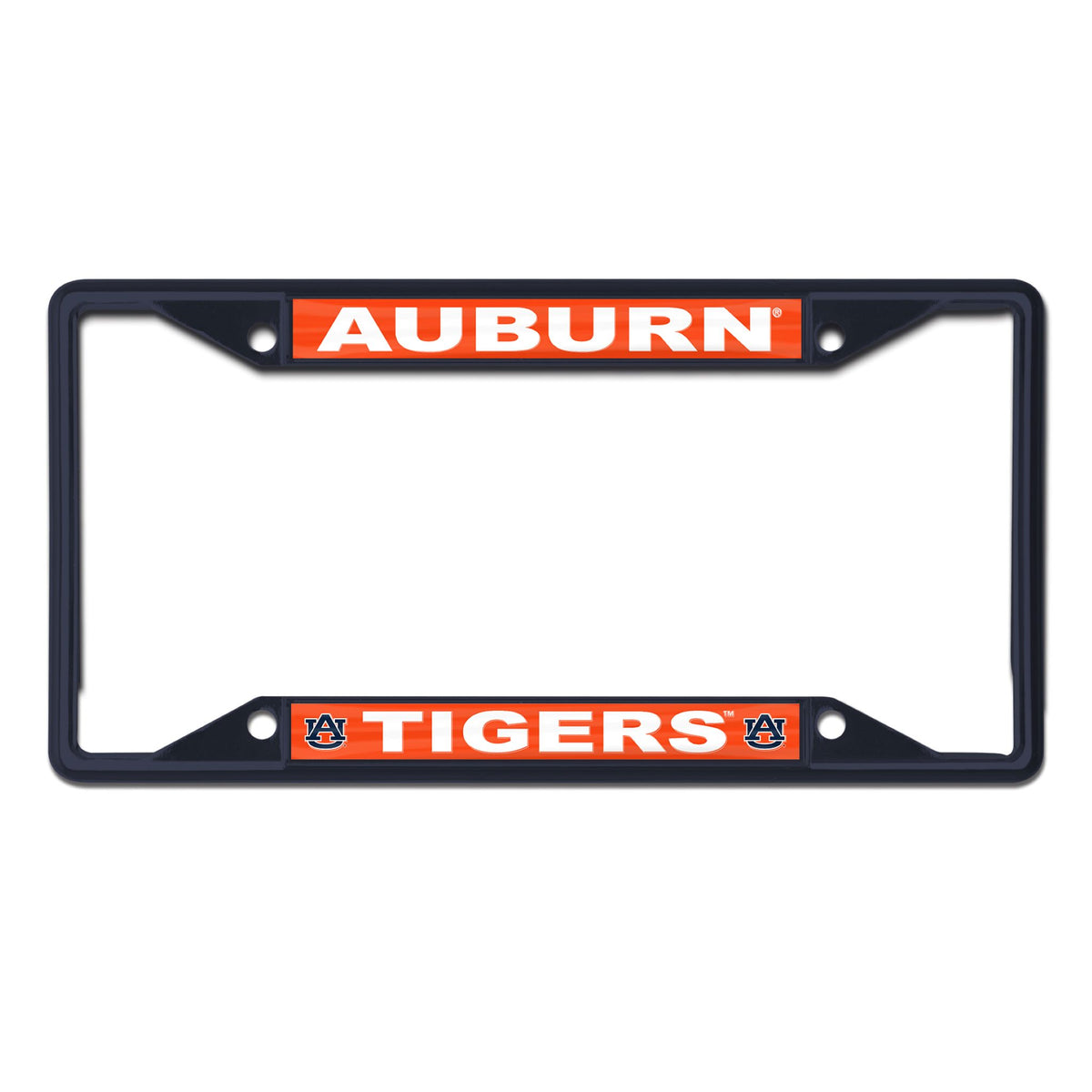 Navy Auburn Tigers license plate frame with “Auburn” at the top and “Tigers” with AU logos at the bottom.