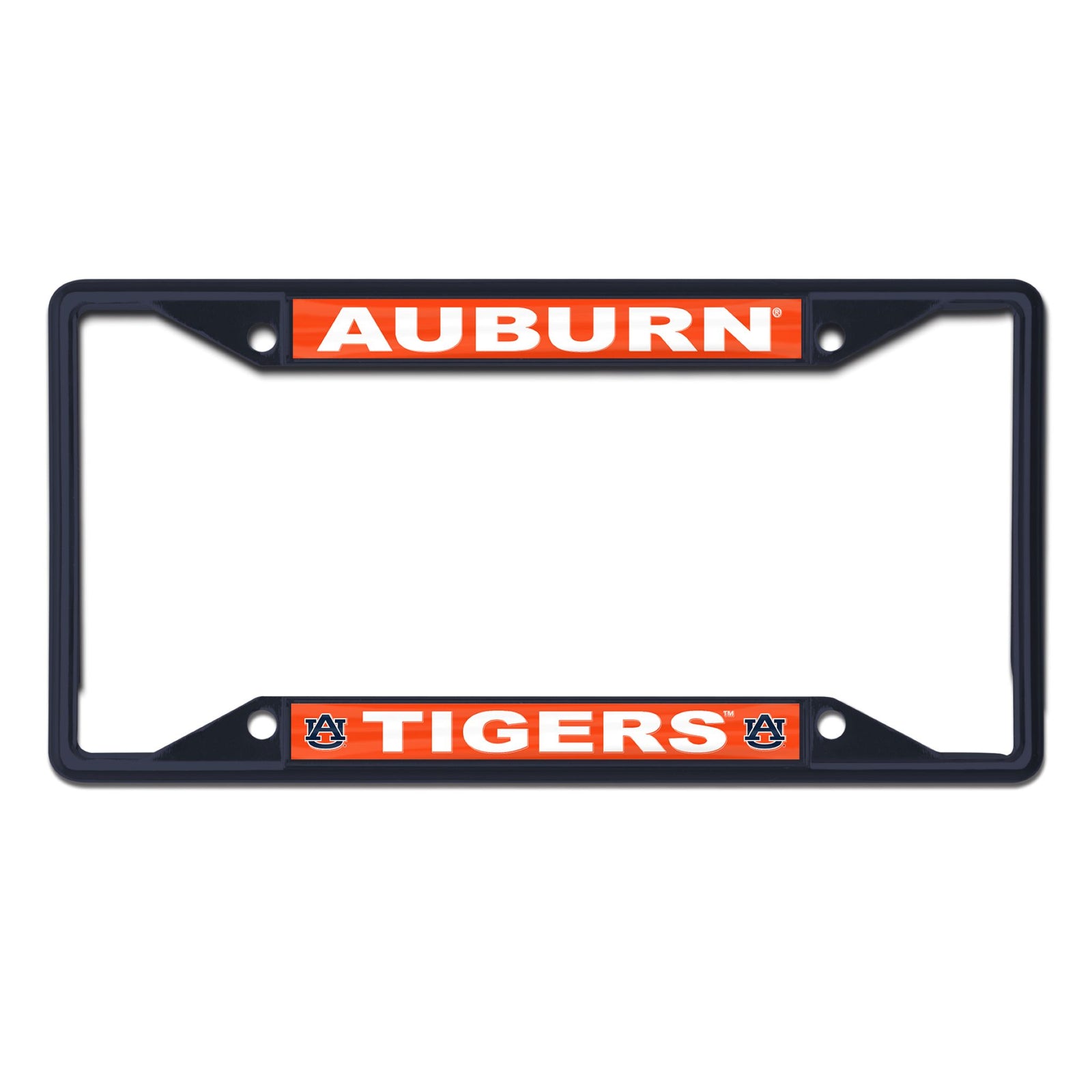Navy Auburn Tigers license plate frame with “Auburn” at the top and “Tigers” with AU logos at the bottom.