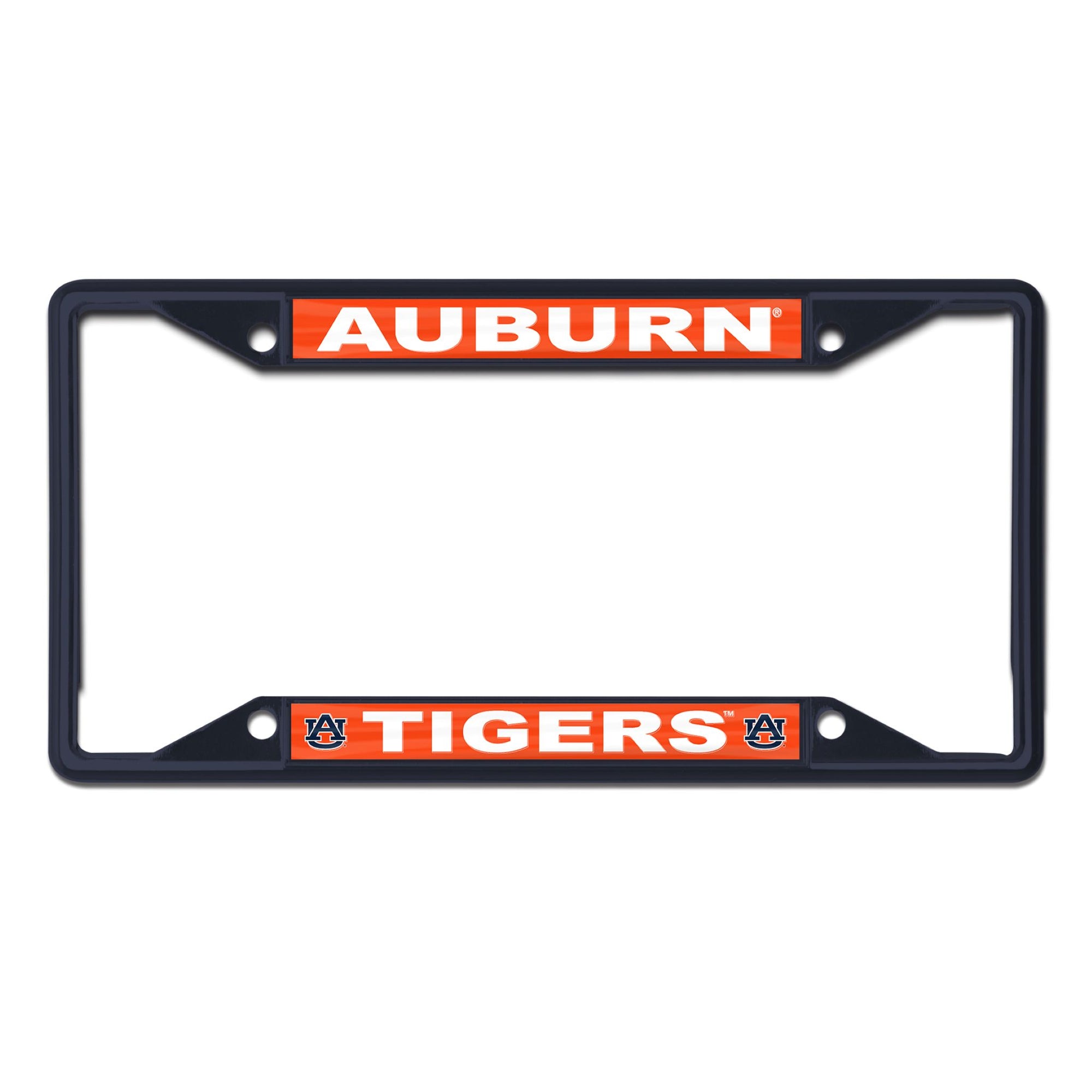 Navy Auburn Tigers license plate frame with “Auburn” at the top and “Tigers” with AU logos at the bottom.