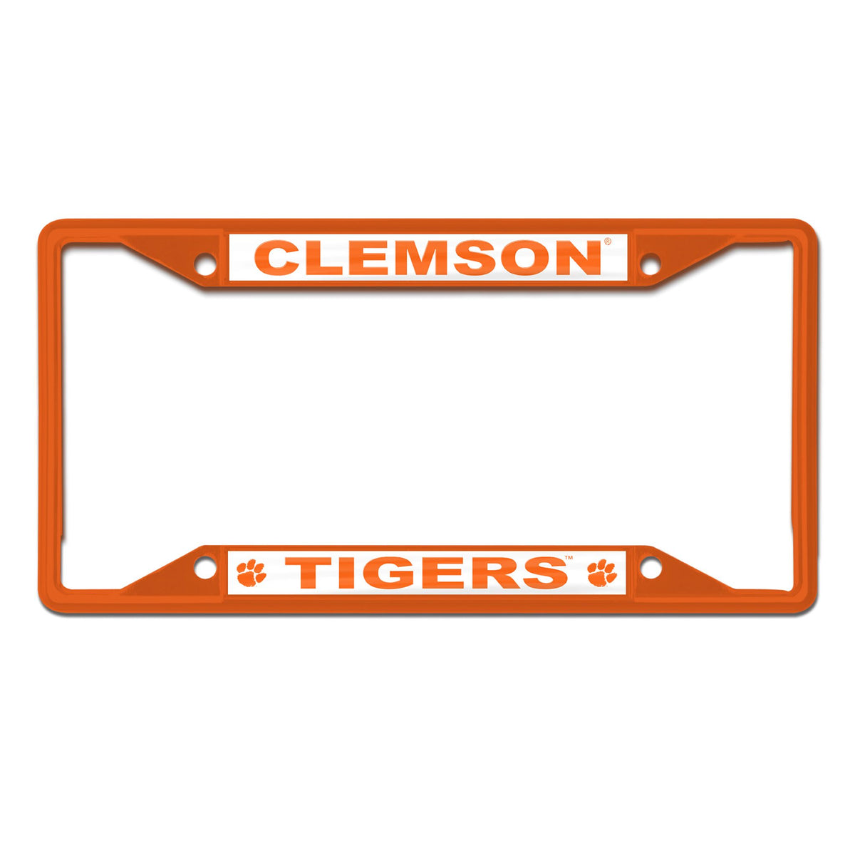 Orange Clemson Tigers license plate frame with “Clemson” at the top and “Tigers” with paw prints at the bottom.