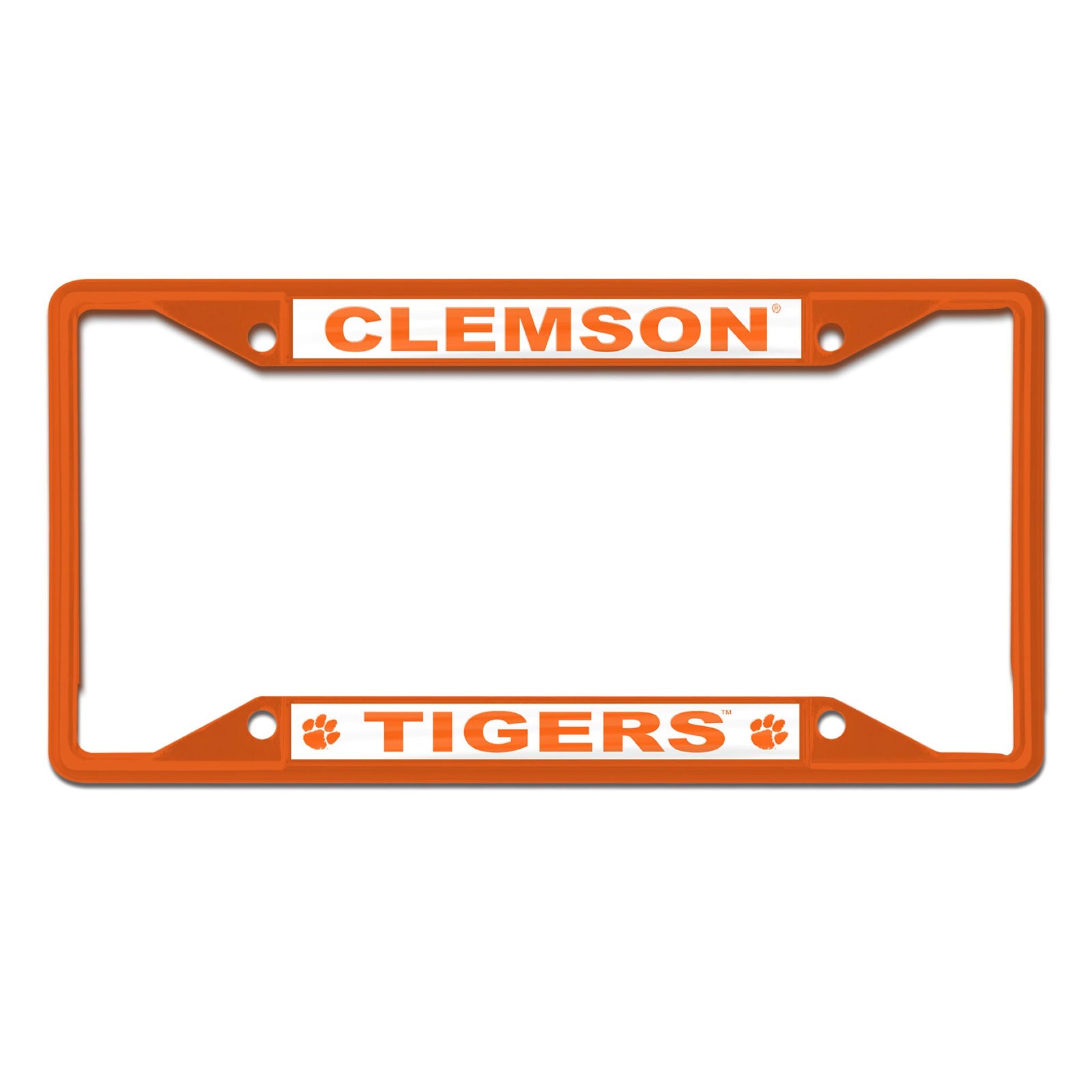 Orange Clemson Tigers license plate frame with “Clemson” at the top and “Tigers” with paw prints at the bottom.