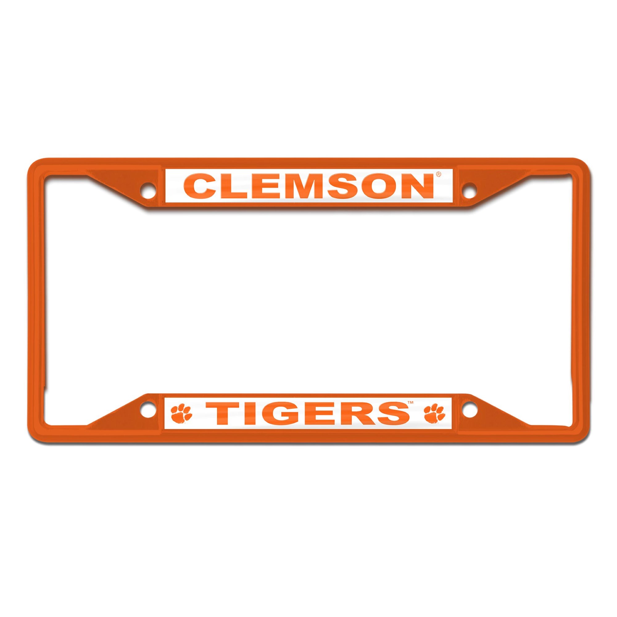 Orange Clemson Tigers license plate frame with “Clemson” at the top and “Tigers” with paw prints at the bottom.