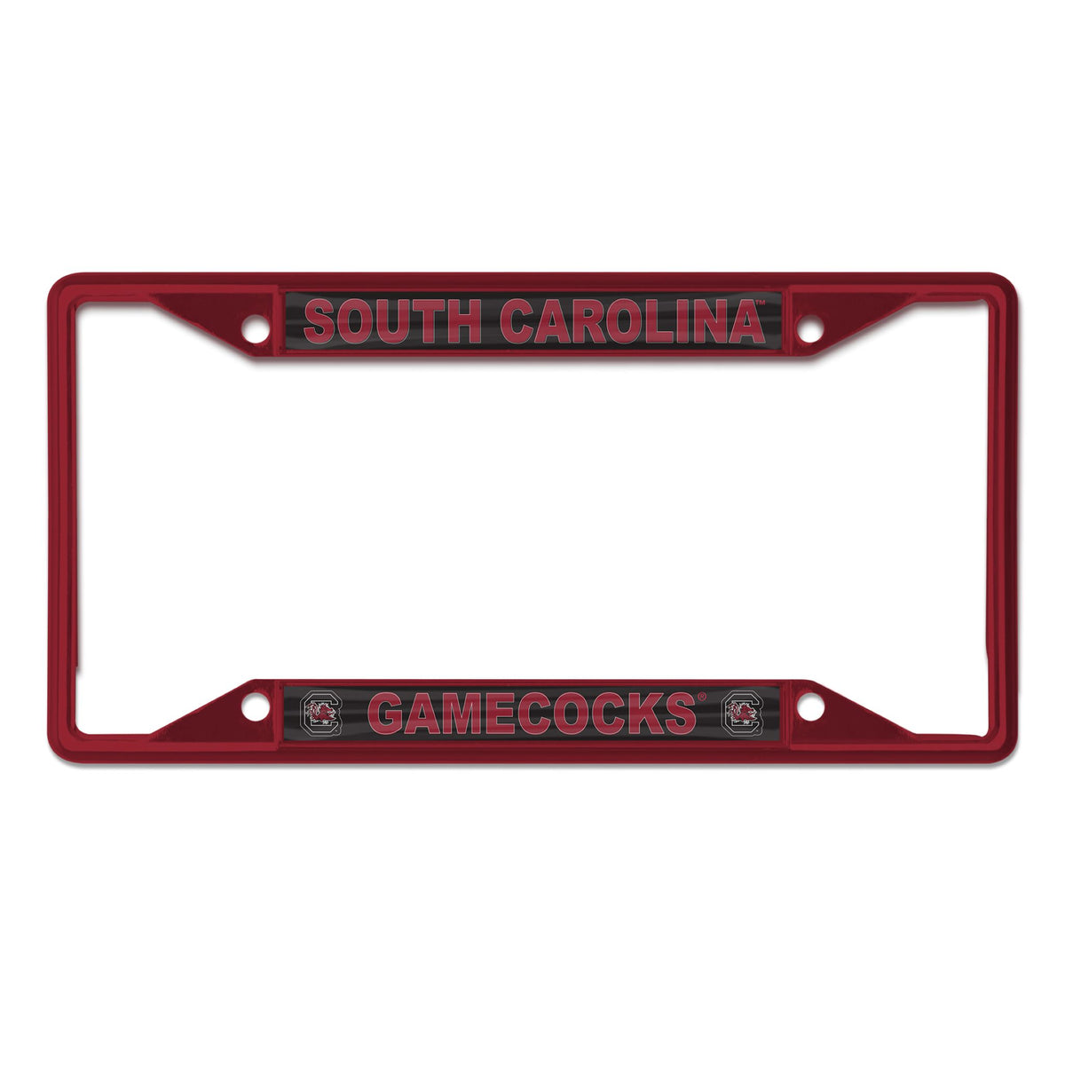 Garnet South Carolina Gamecocks license plate frame with “South Carolina” at the top and “Gamecocks” at the bottom.