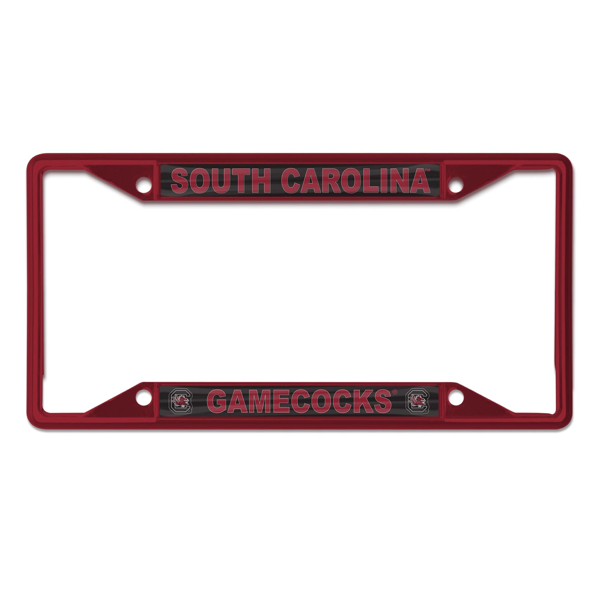 Garnet South Carolina Gamecocks license plate frame with “South Carolina” at the top and “Gamecocks” at the bottom.