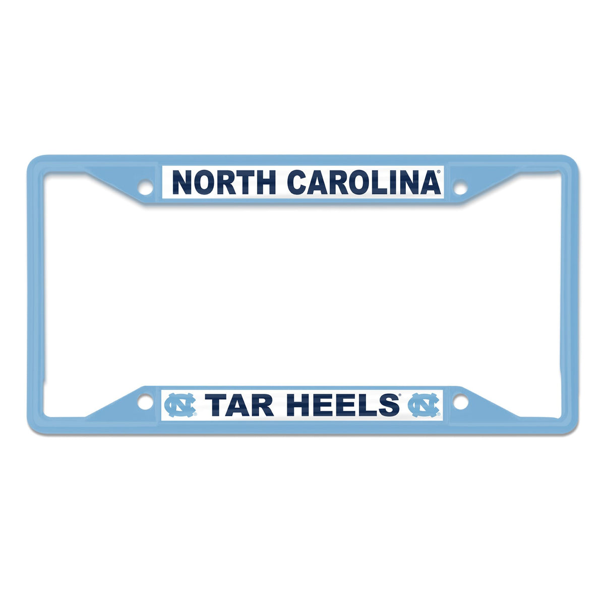 Light blue North Carolina Tar Heels license plate frame with “North Carolina” at the top and “Tar Heels” with logos at the bottom.