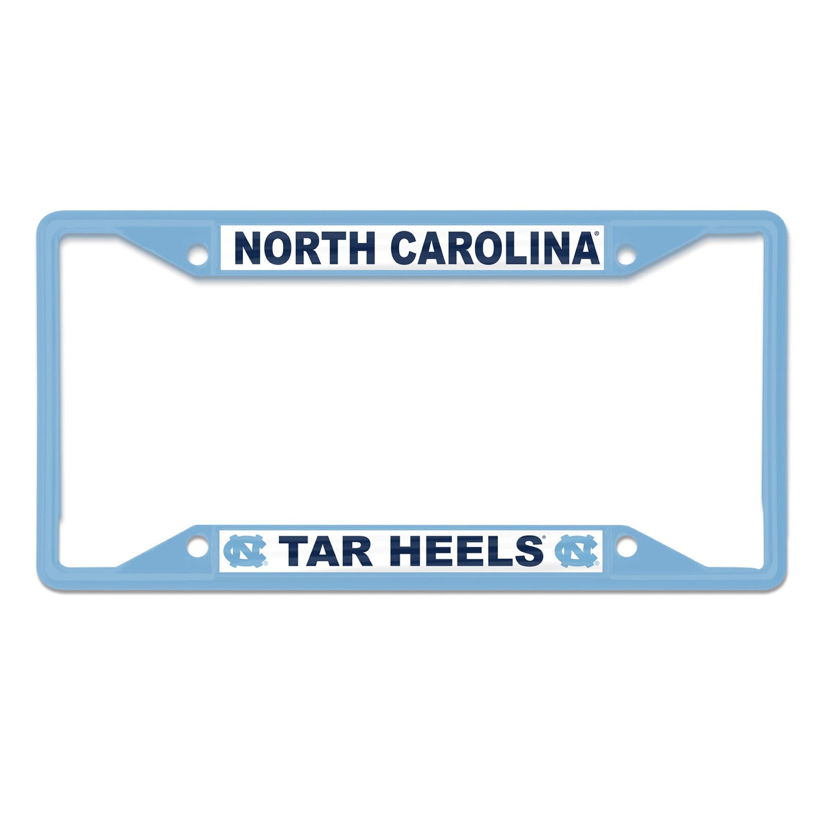 Light blue North Carolina Tar Heels license plate frame with “North Carolina” at the top and “Tar Heels” with logos at the bottom.