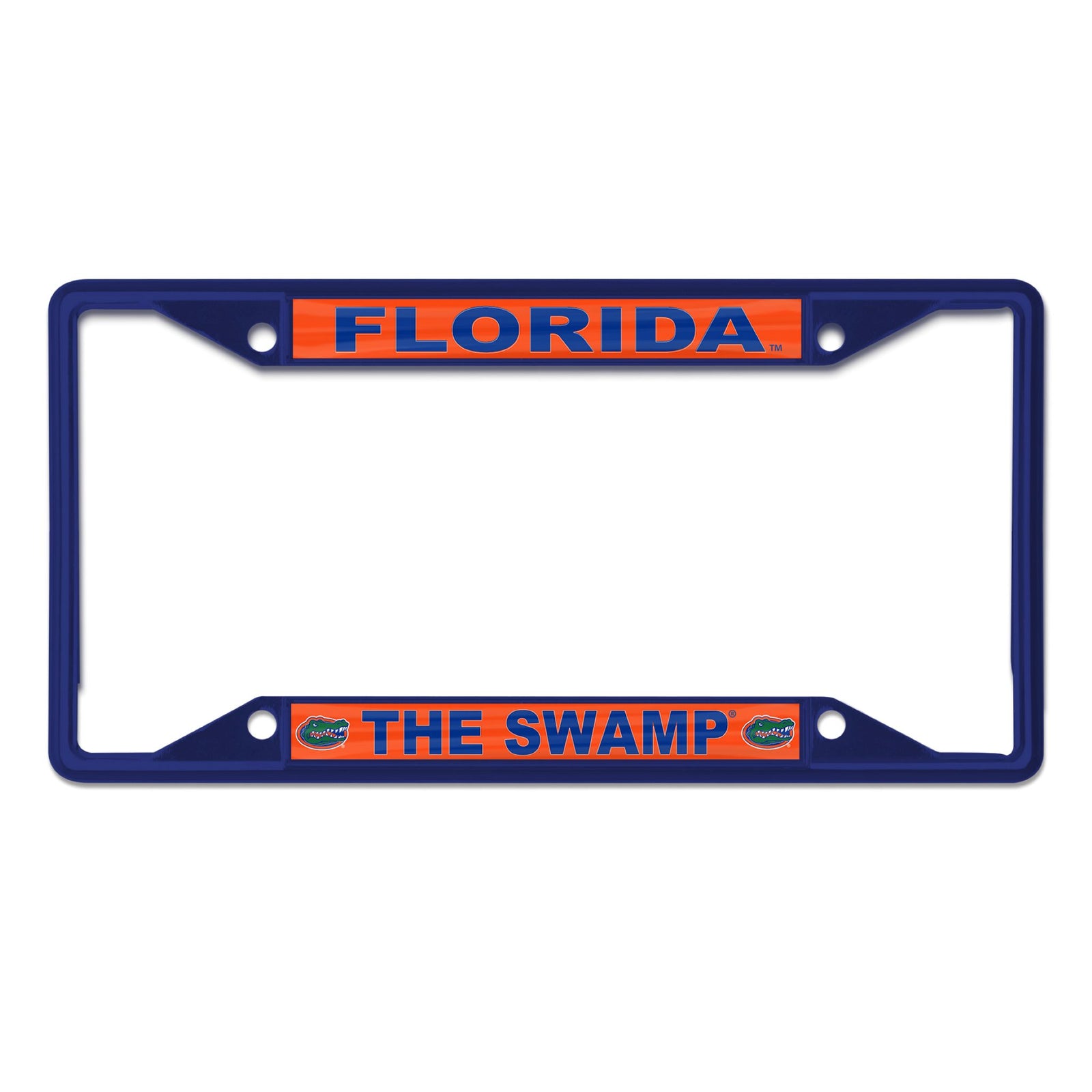 Blue Florida Gators license plate frame with “Florida” at the top and “The Swamp” at the bottom with Gators logos.